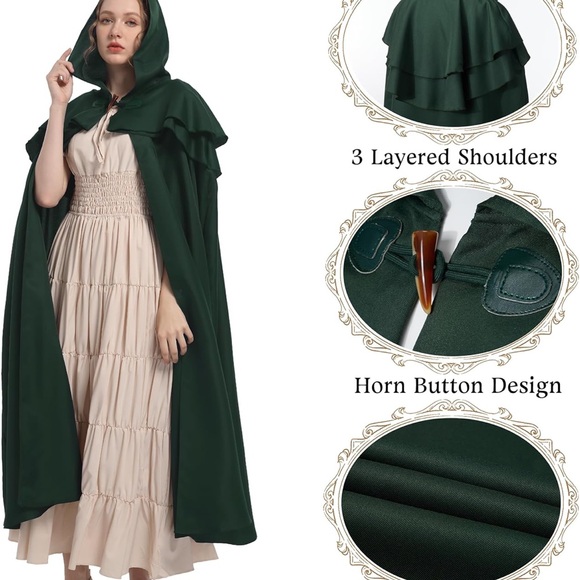 Unisex Dark Green Hooded Cloak - Picture 4 of 11